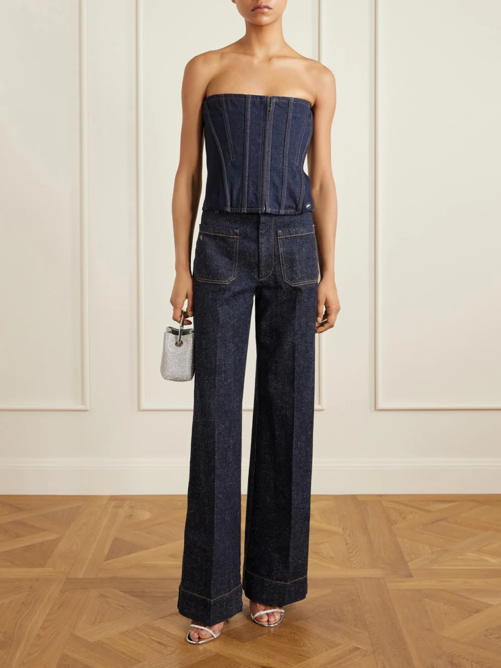 Jean Paul Gaultier Ribbed Wool-blend Trimmed Denim Corset Top, worn by a model