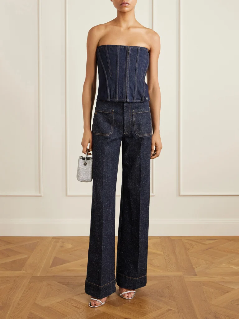 Jean Paul Gaultier Ribbed Wool-blend Trimmed Denim Corset Top