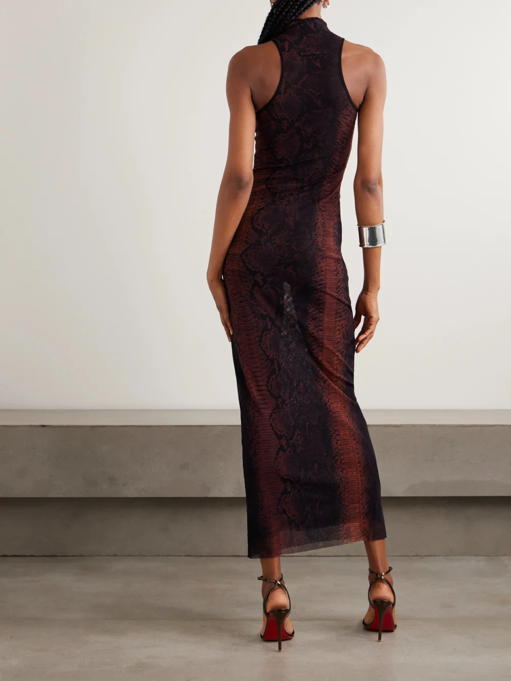 Back view of the Jean Paul Gaultier Snake-print Mesh Midi Dress