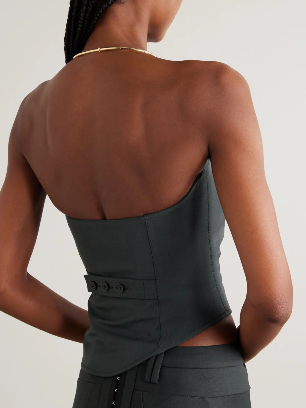 Back view of the Jean Paul Gaultier Strapless Asymmetric Wool-blend Twill Bustier Top