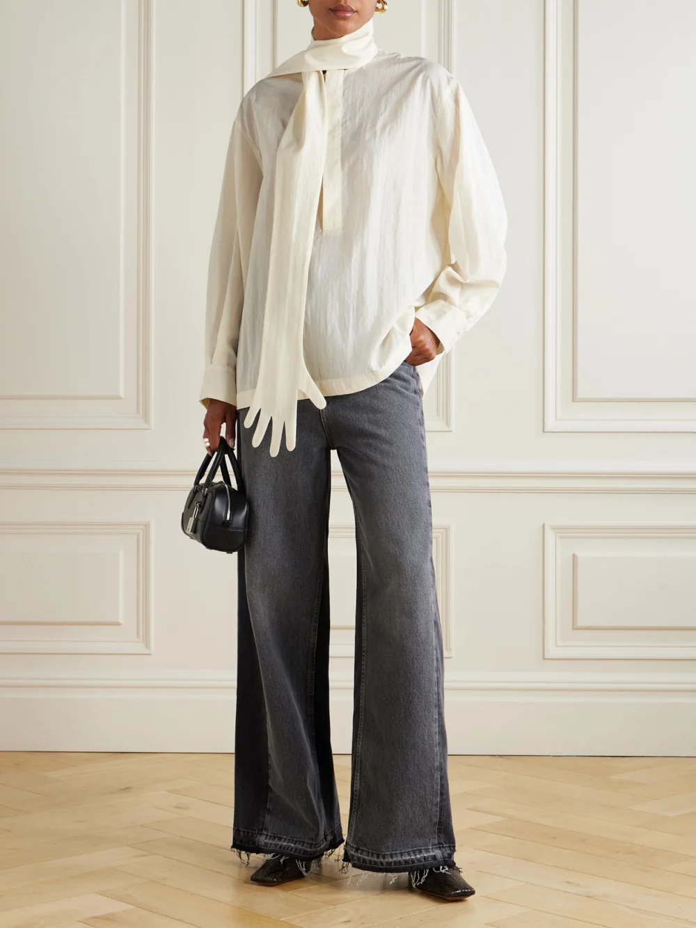 Jean Paul Gaultier The Glove Scarf-detailed Lyocell-blend Poplin Blouse, worn by a model