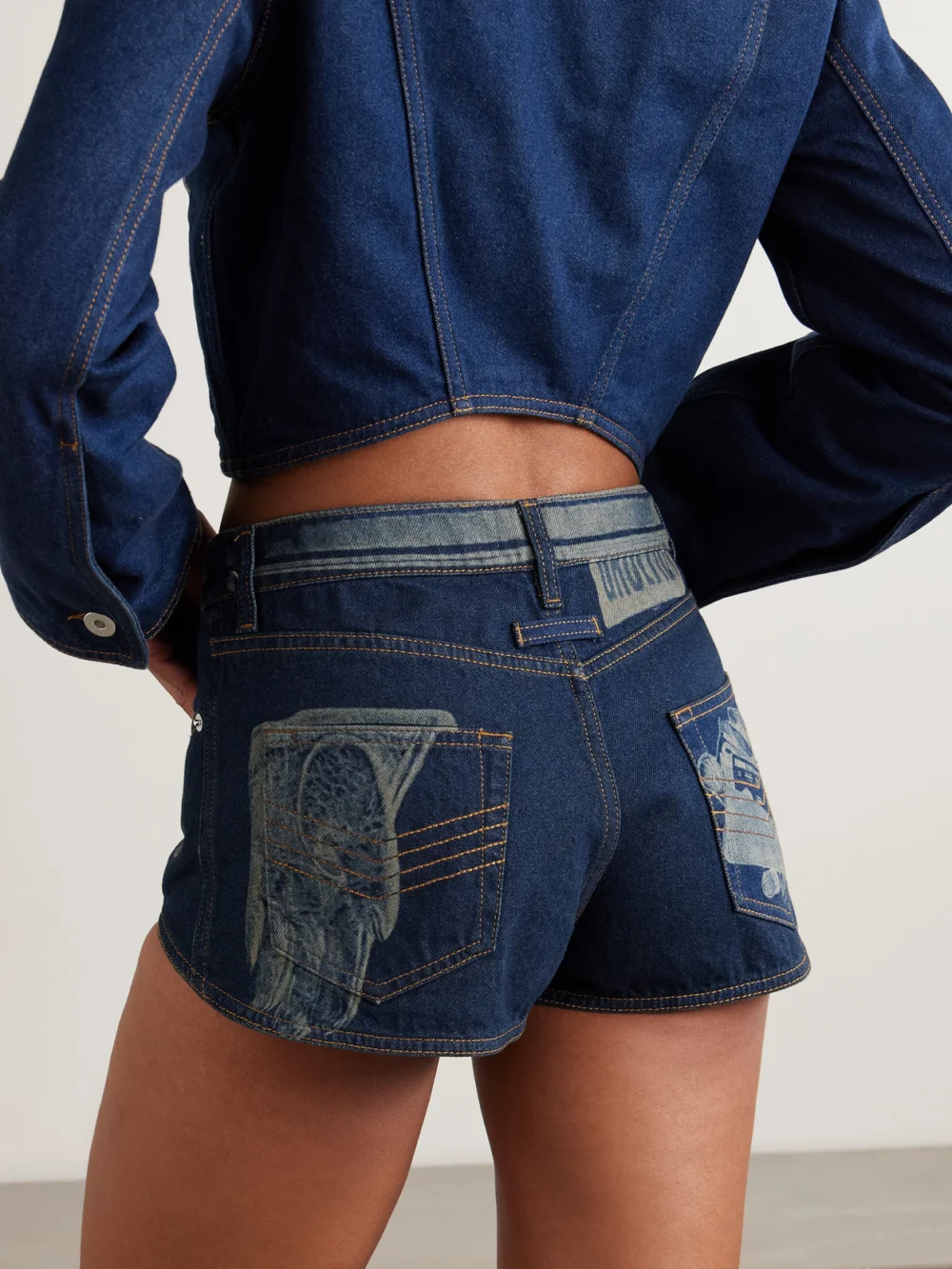 Back view of the Jean Paul Gaultier Trompe-l'ail Printed Denim Shorts