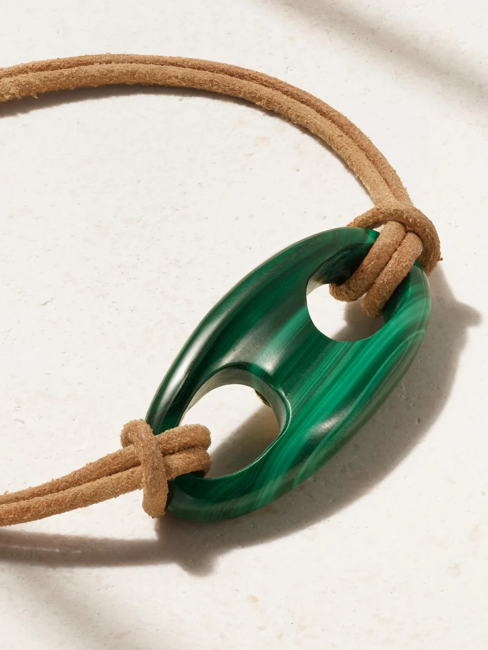 Close-up detail of the Jenna Blake 18-karat Gold Malachite and Suede Bracelet