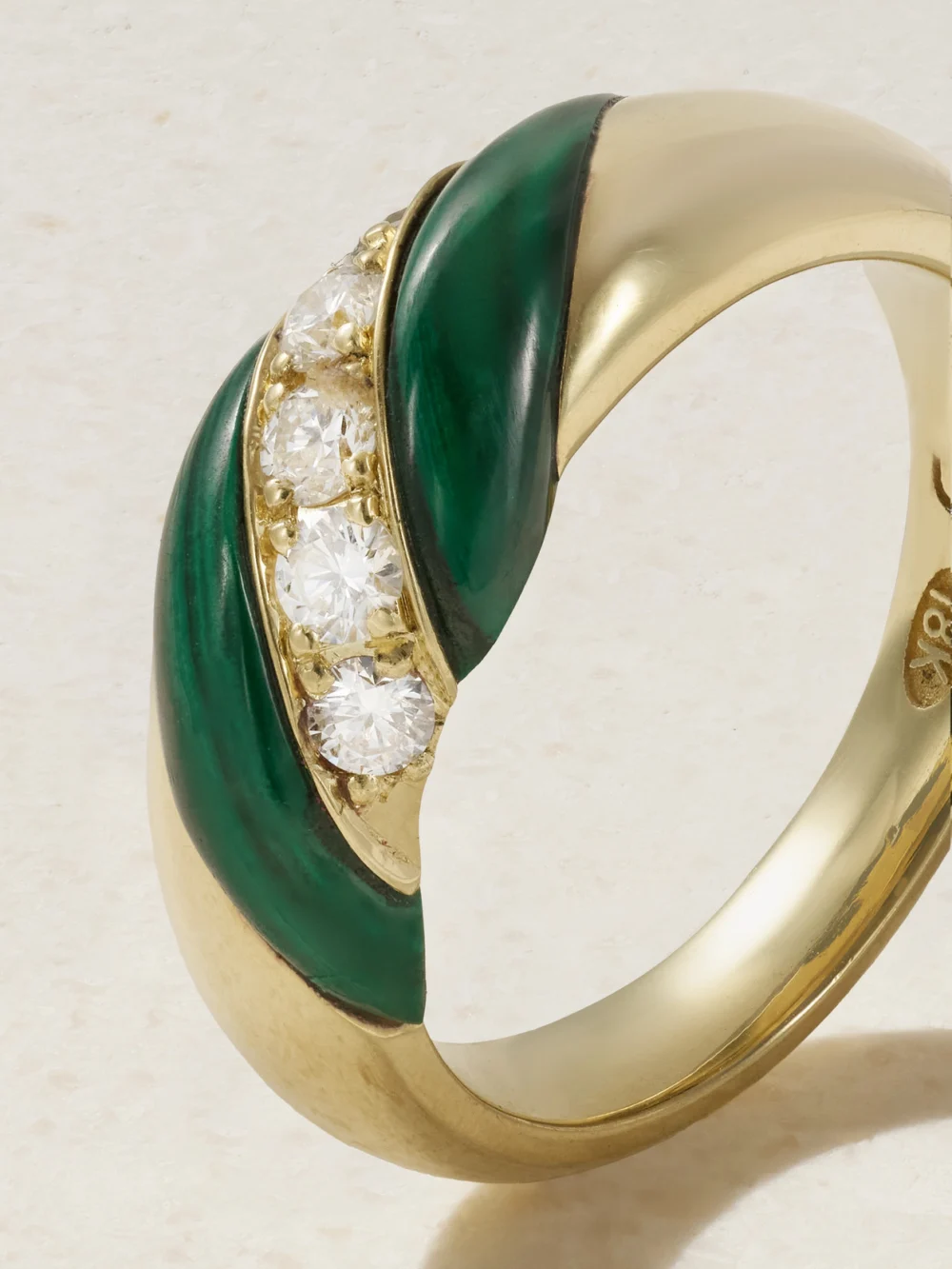 Close-up detail of the Jenna Blake 70s 18-karat Gold Malachite and Diamond Ring