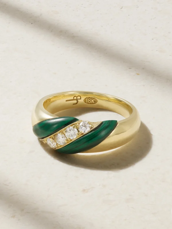 Jenna Blake 70s 18-karat Gold Malachite and Diamond Ring