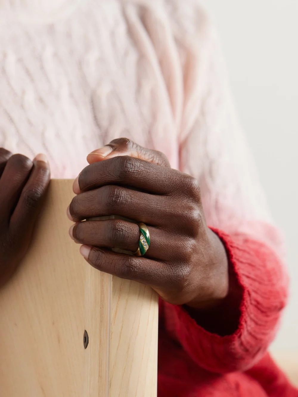 Jenna Blake 70s 18-karat Gold Malachite and Diamond Ring, styled view