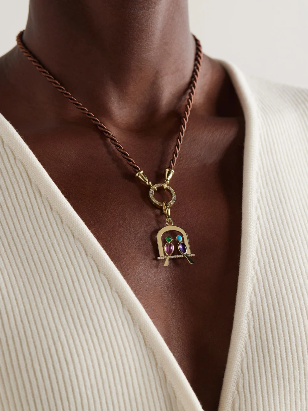 Jenna Blake Rainbow Love Birds 18-karat Gold Multi-stone Pendant, styled view