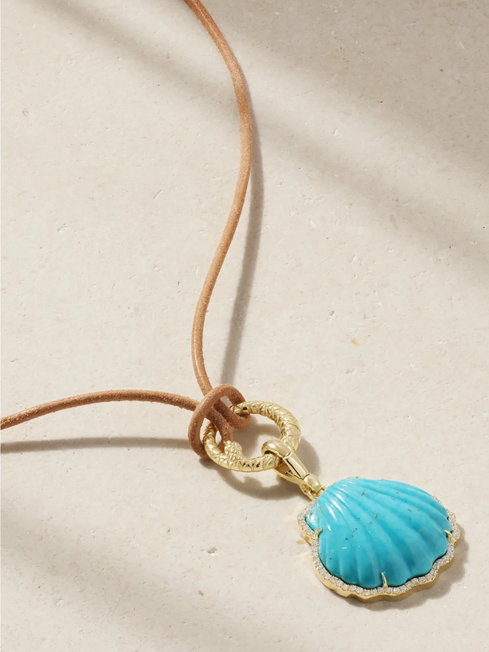 Close-up detail of the Jenna Blake Shell 18-karat Gold Leather, Turquoise and Diamond Necklace