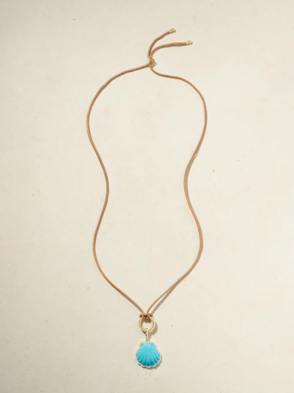 Jenna Blake Shell 18-karat Gold Leather, Turquoise and Diamond Necklace