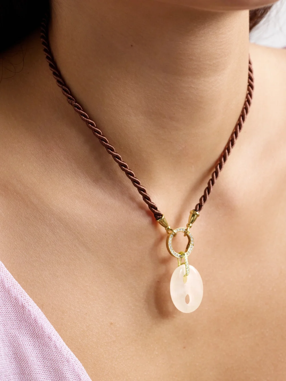 Jenna Blake Stone Mariner 18-karat Gold, Rose Quartz and Diamond Pendant, styled view