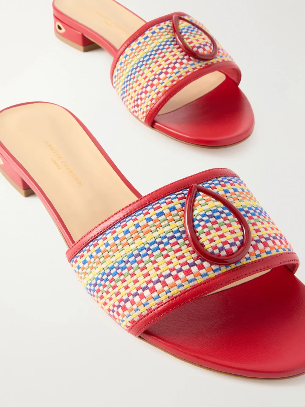 Close-up detail of the Jennifer Chamandi Andrea Woven and Leather Slides