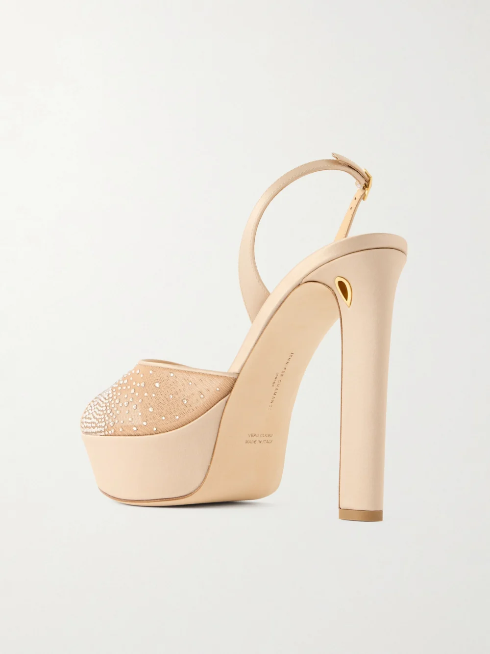 Back view of the Jennifer Chamandi Antonio 130 Satin-trimmed Crystal-embellished Mesh Platform Sandals