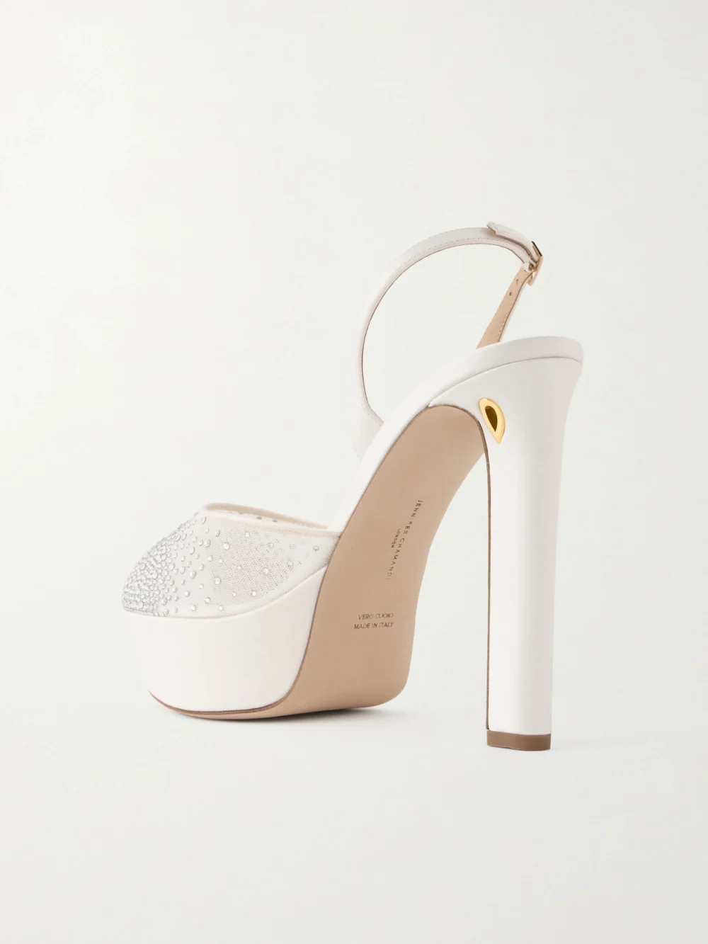 Back view of the Jennifer Chamandi Antonio 130 Satin-trimmed Crystal-embellished Mesh Platform Sandals