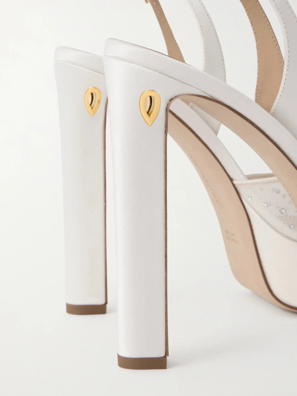 Close-up detail of the Jennifer Chamandi Antonio 130 Satin-trimmed Crystal-embellished Mesh Platform Sandals