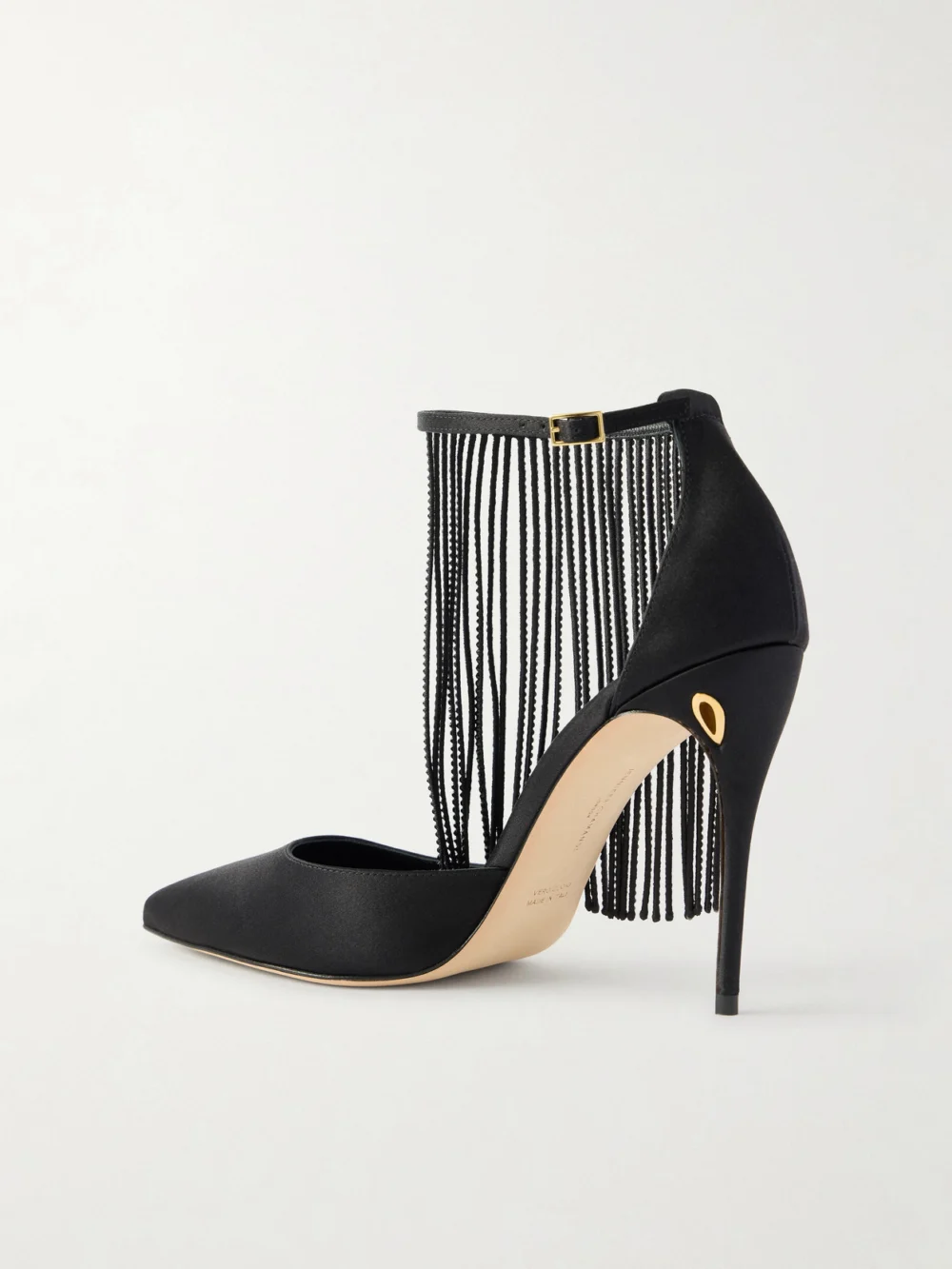 Back view of the Jennifer Chamandi Fernando 105 Crystal-embellished Fringed Satin Pumps