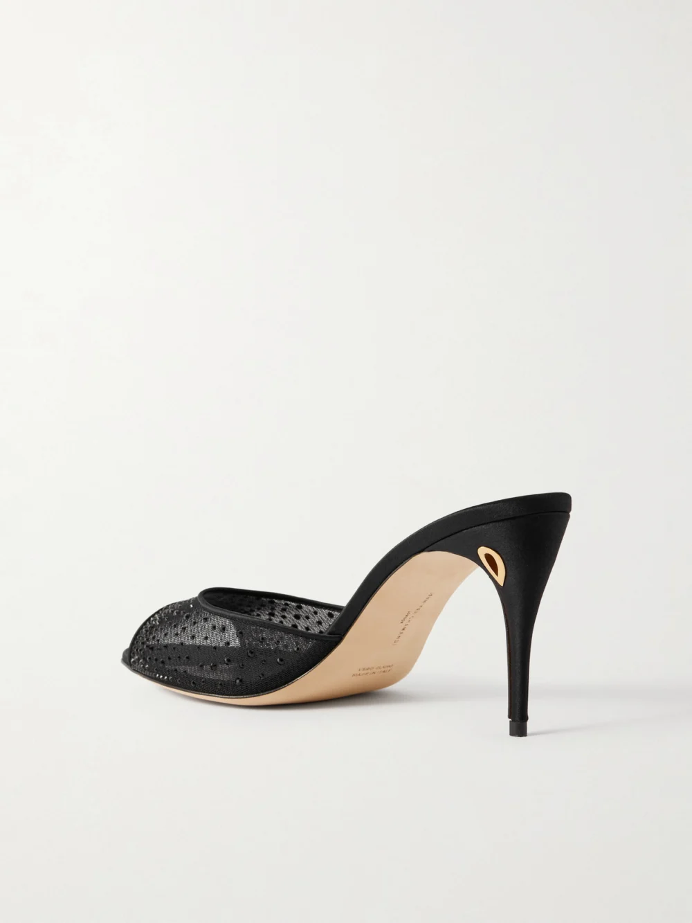 Back view of the Jennifer Chamandi Guido 85 Satin-trimmed Crystal-embellished Mesh Mules