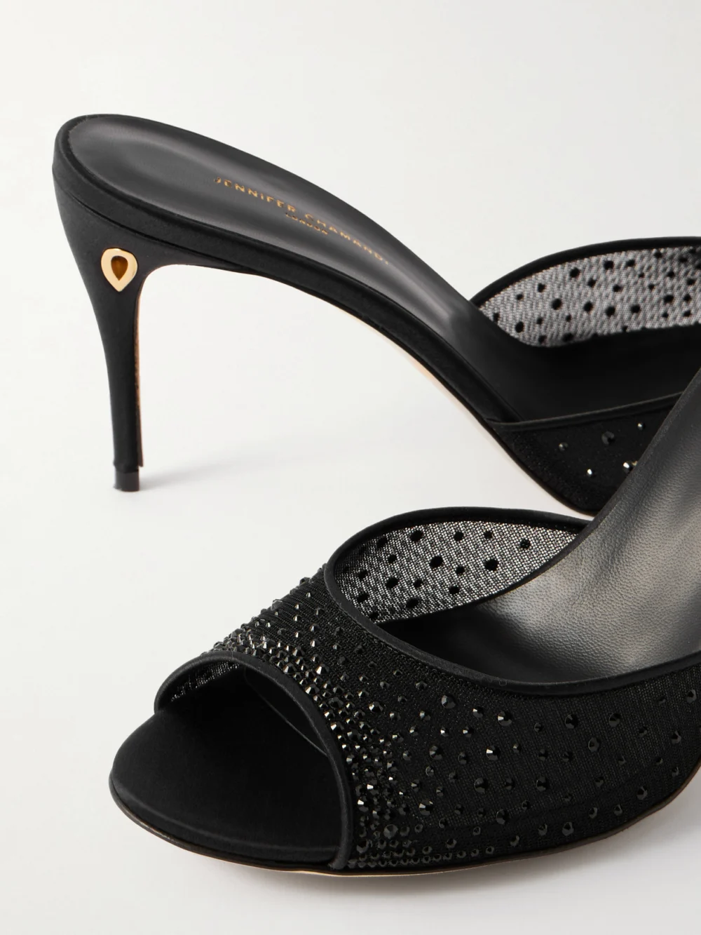 Close-up detail of the Jennifer Chamandi Guido 85 Satin-trimmed Crystal-embellished Mesh Mules