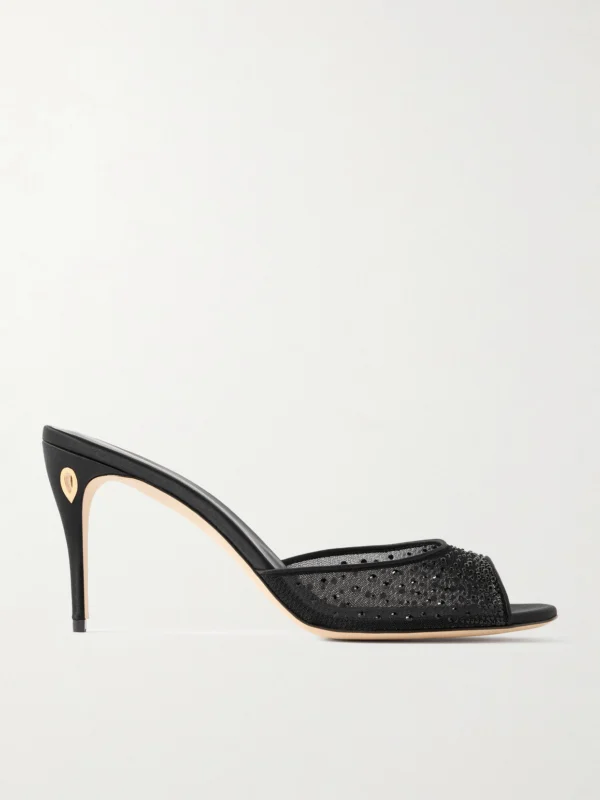 Jennifer Chamandi Guido 85 Satin-trimmed Crystal-embellished Mesh Mules