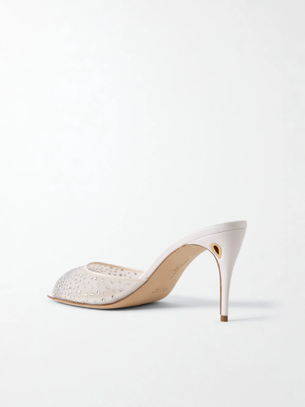 Back view of the Jennifer Chamandi Guido 85 Satin-trimmed Crystal-embellished Mesh Sandals