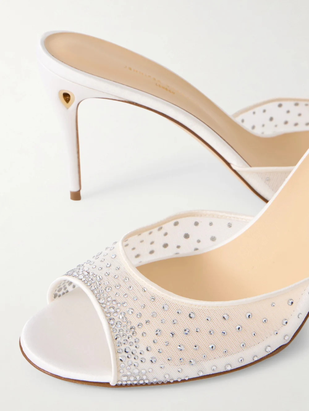 Close-up detail of the Jennifer Chamandi Guido 85 Satin-trimmed Crystal-embellished Mesh Sandals