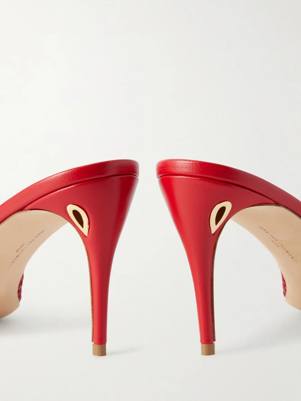 Close-up detail of the Jennifer Chamandi Guido 85 Woven Leather Mules
