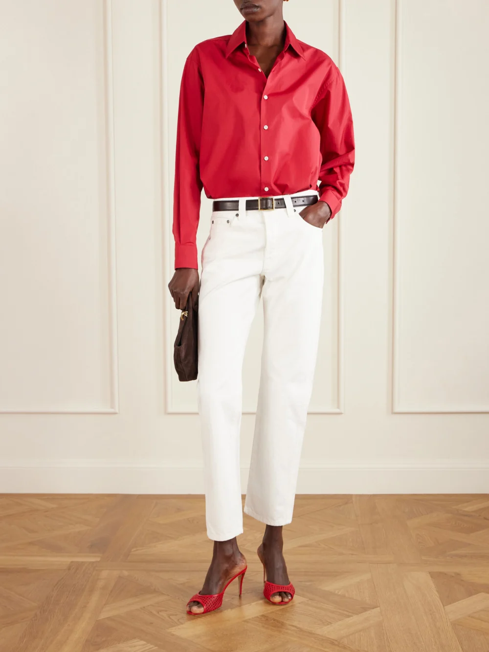 Jennifer Chamandi Guido 85 Woven Leather Mules, styled view
