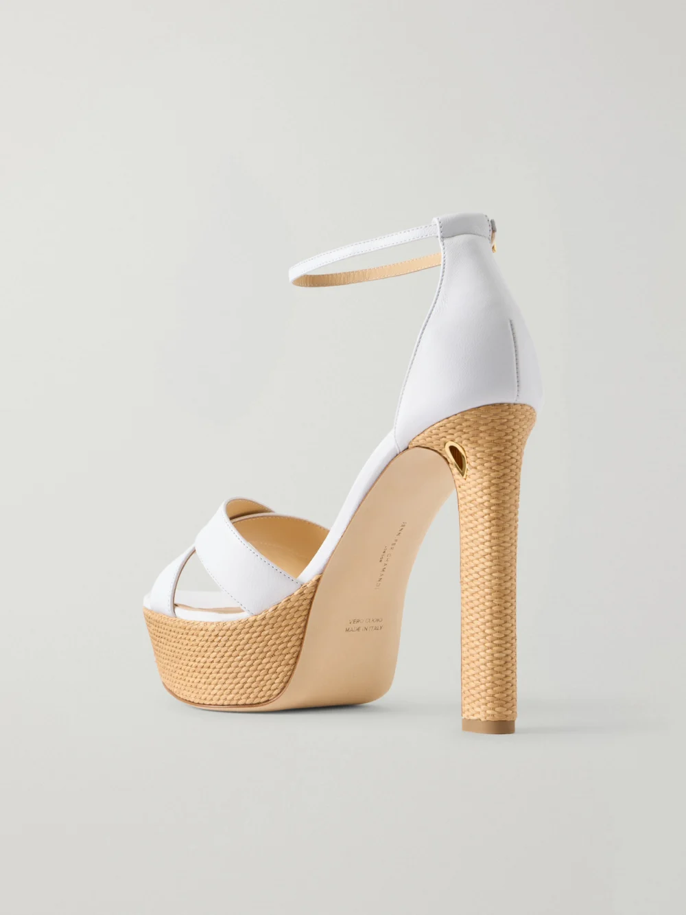 Back view of the Jennifer Chamandi Leo Leather and Raffia Platform Sandals