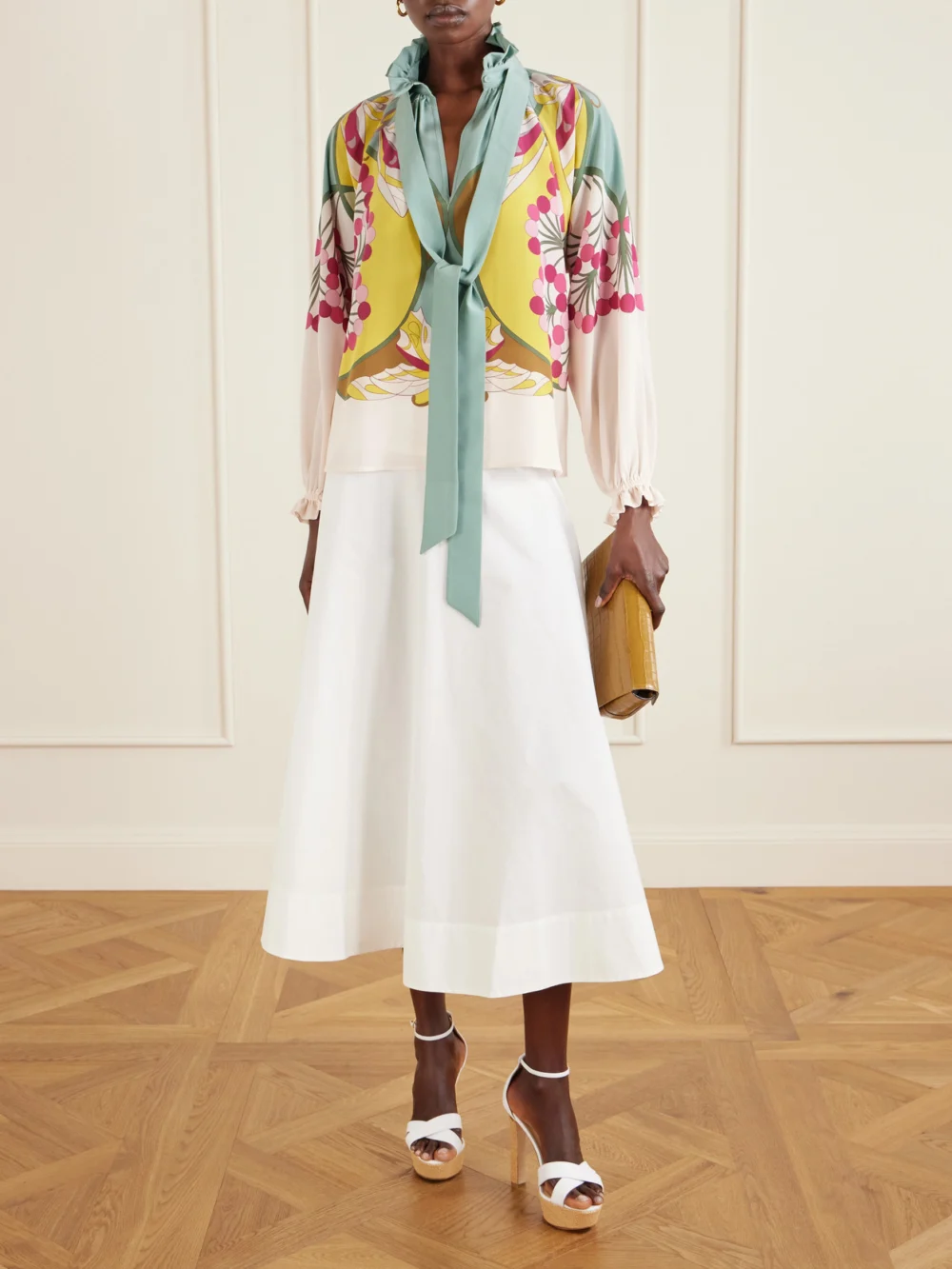 Jennifer Chamandi Leo Leather and Raffia Platform Sandals, styled view