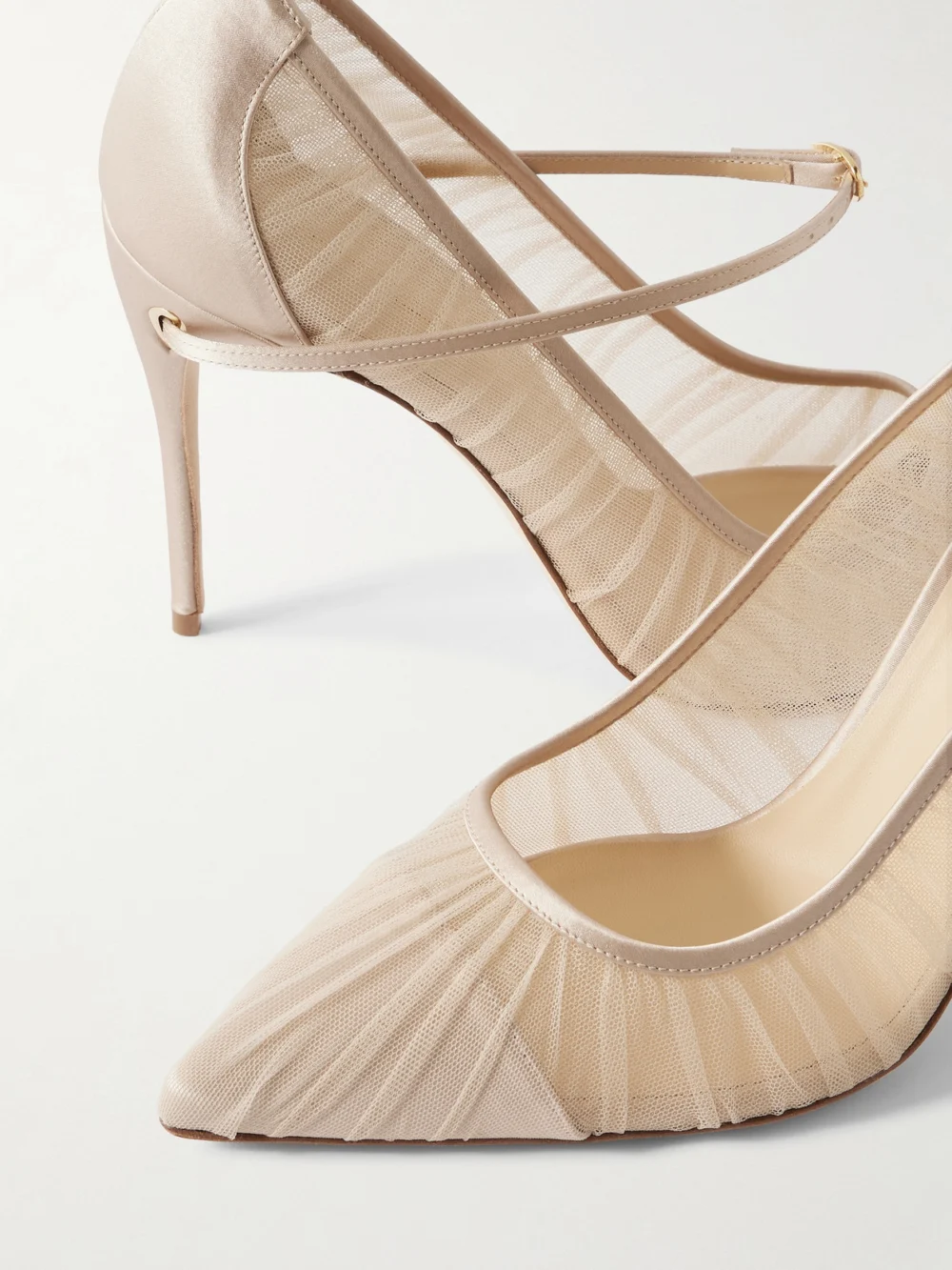 Close-up detail of the Jennifer Chamandi Lorenzo 105 Satin-trimmed Pleated Tulle Pumps
