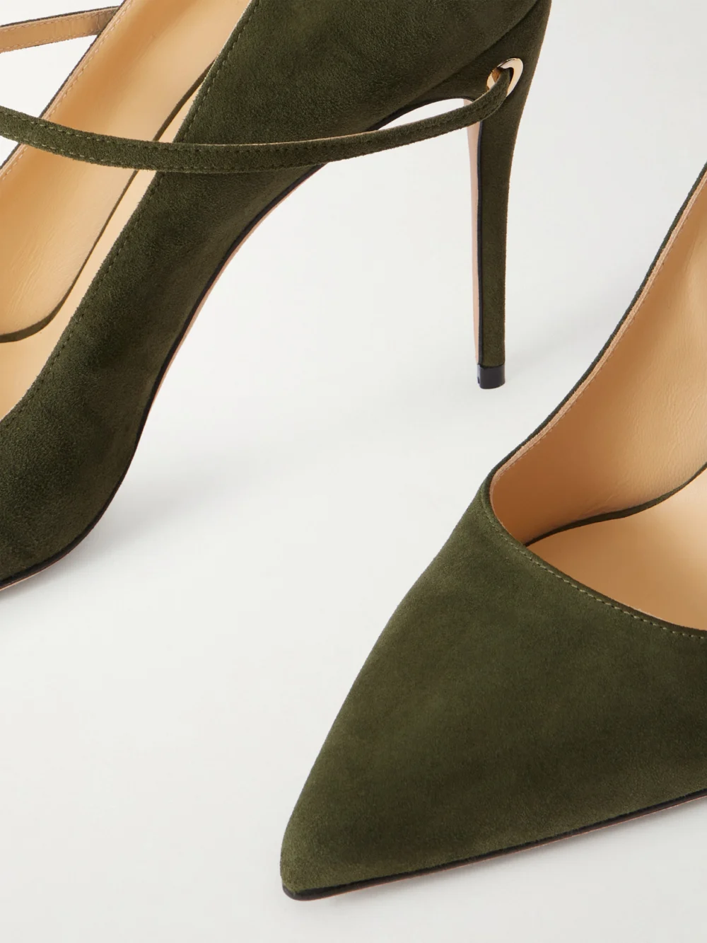 Close-up detail of the Jennifer Chamandi Lorenzo 105 Suede Pumps