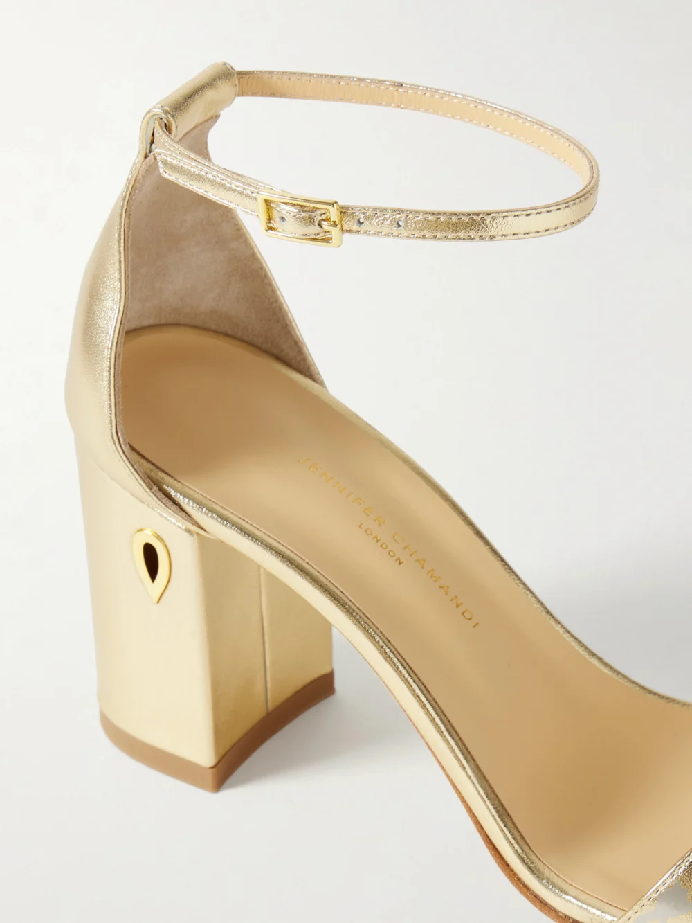 Close-up detail of the Jennifer Chamandi Massimiliano 85 Metallic Leather Sandals