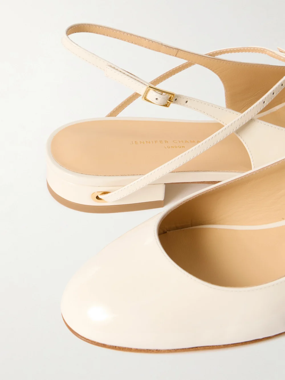 Close-up detail of the Jennifer Chamandi Mattia 20 Patent-leather Slingback Flats