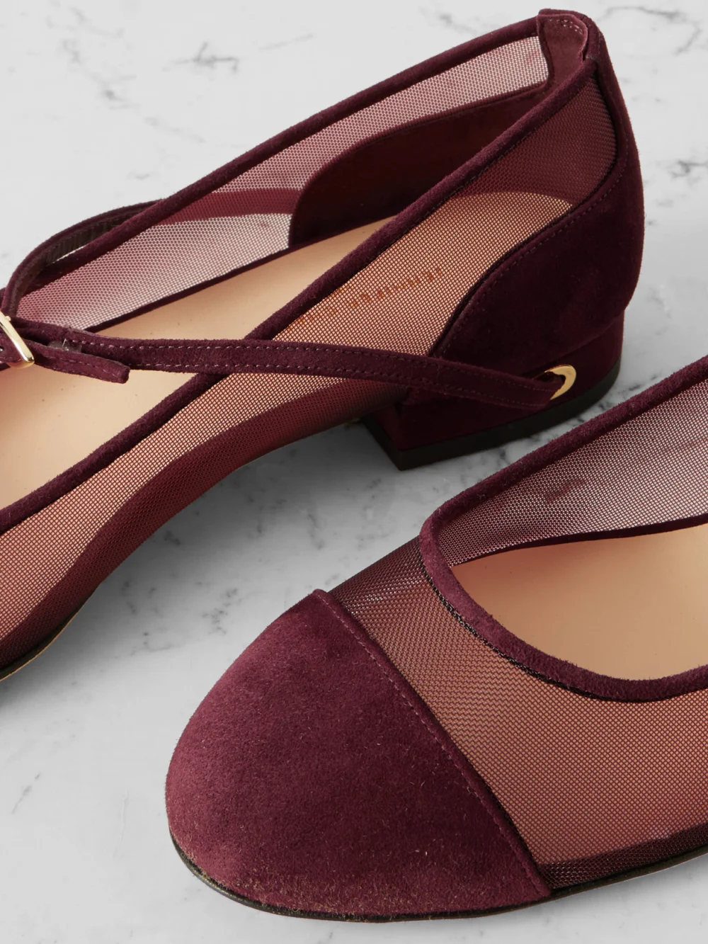 Close-up detail of the Jennifer Chamandi Paolo 20 Suede and Mesh Ballet Flats