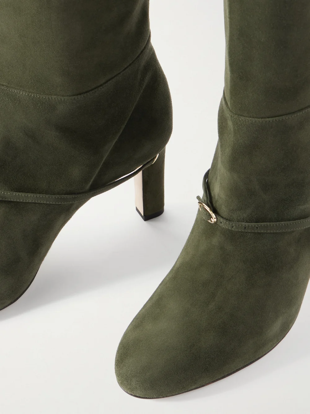 Close-up detail of the Jennifer Chamandi Samuele 85 Buckled Suede Knee Boots