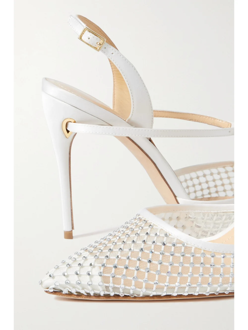 Close-up detail of the Jennifer Chamandi Vittorio 105 Crystal-embellished Mesh and Satin Slingback Pumps