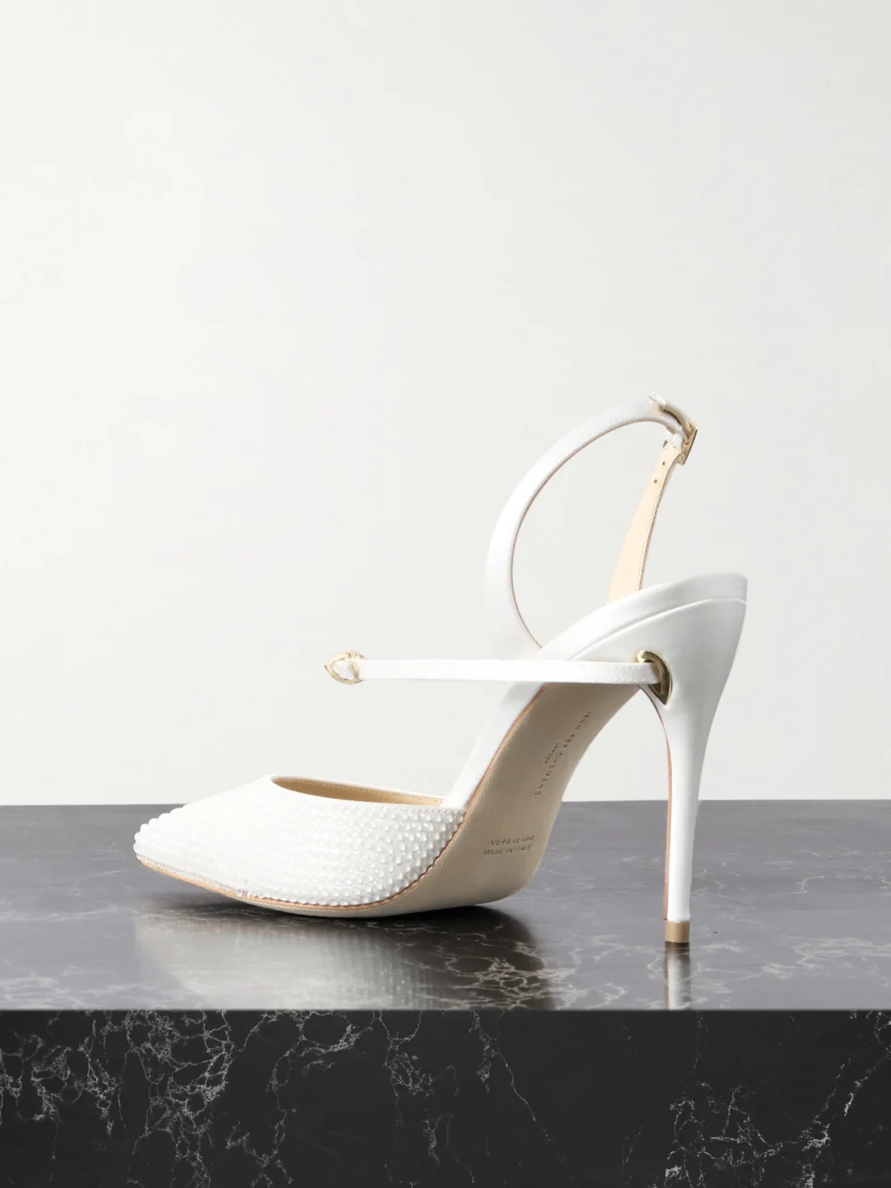 Back view of the Jennifer Chamandi Vittorio 105 Crystal-embellished Satin Pumps