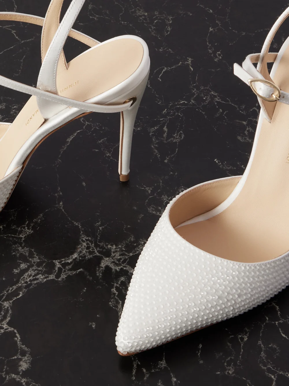 Close-up detail of the Jennifer Chamandi Vittorio 105 Crystal-embellished Satin Pumps