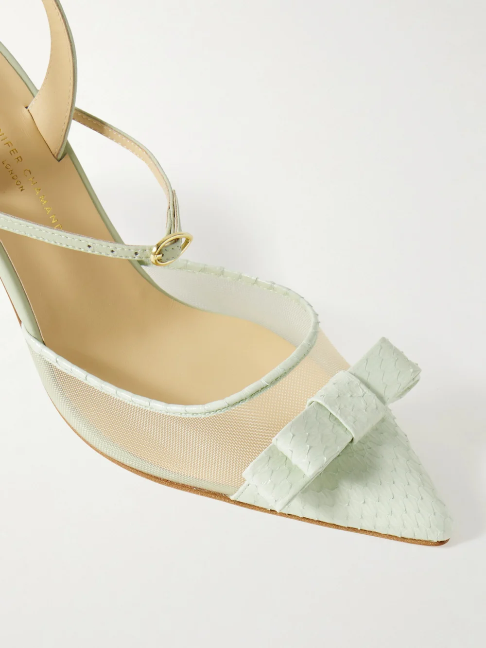 Close-up detail of the Jennifer Chamandi Vittorio 85 Mesh and Leather-trimmed Elaphe Slingback Pumps