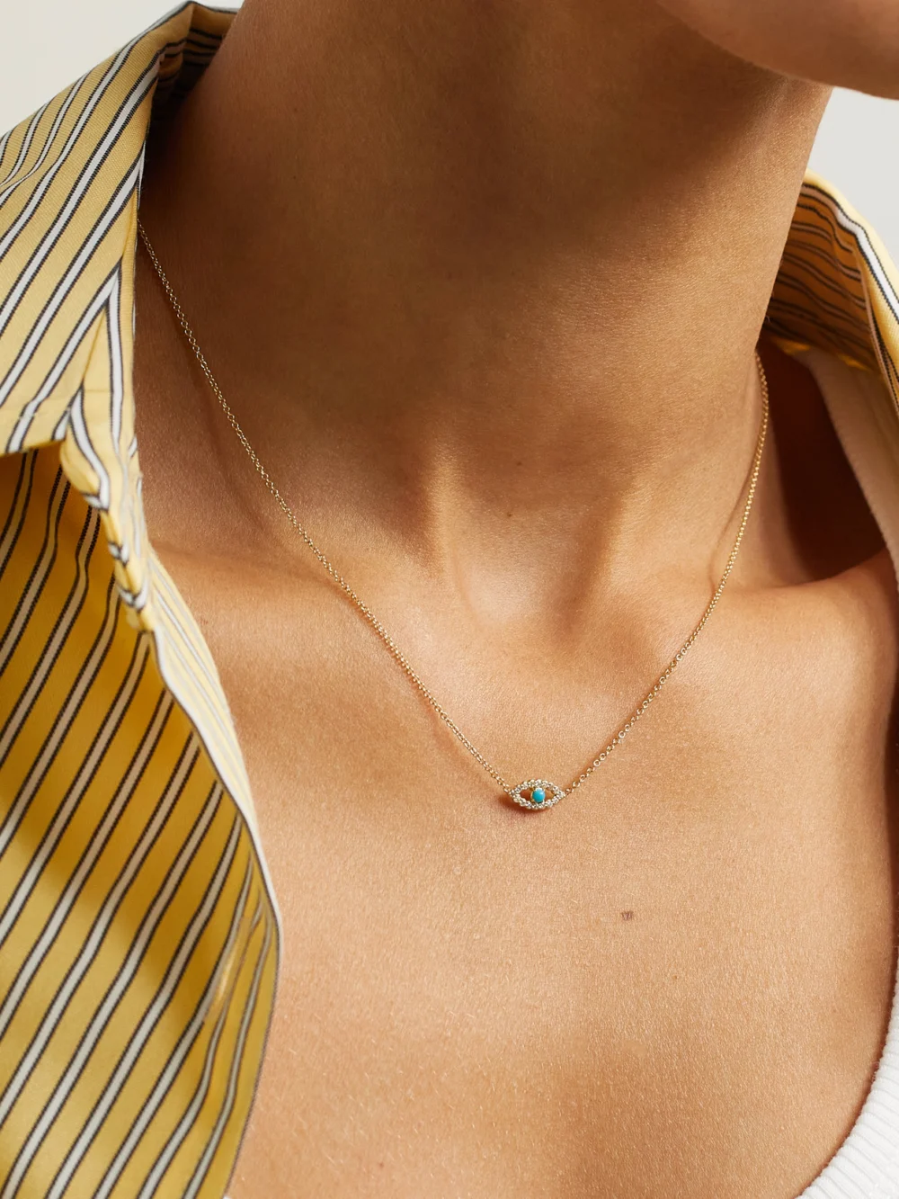 Jennifer Meyer Evil Eye Mini 18-karat Gold Diamond and Turquoise Necklace, styled view