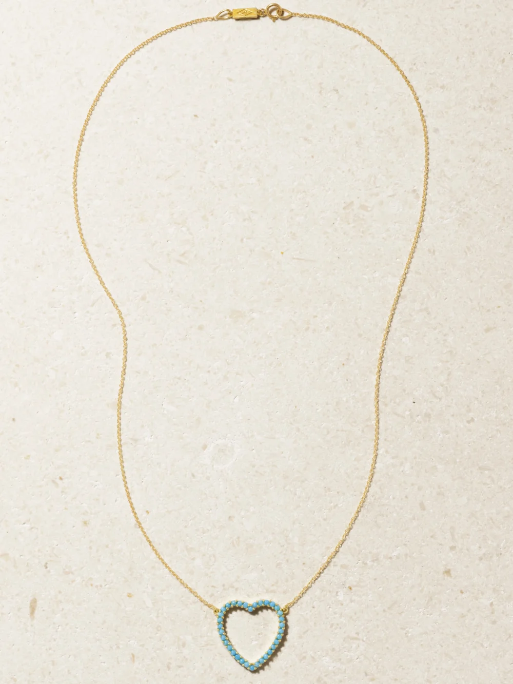 Close-up detail of the Jennifer Meyer Large Open Heart 18-karat Gold Turquoise Necklace