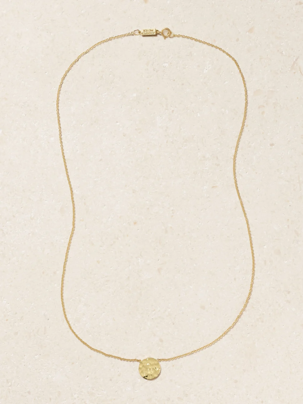 Close-up detail of the Jennifer Meyer Mini Hammered Disc 18-karat Gold Necklace