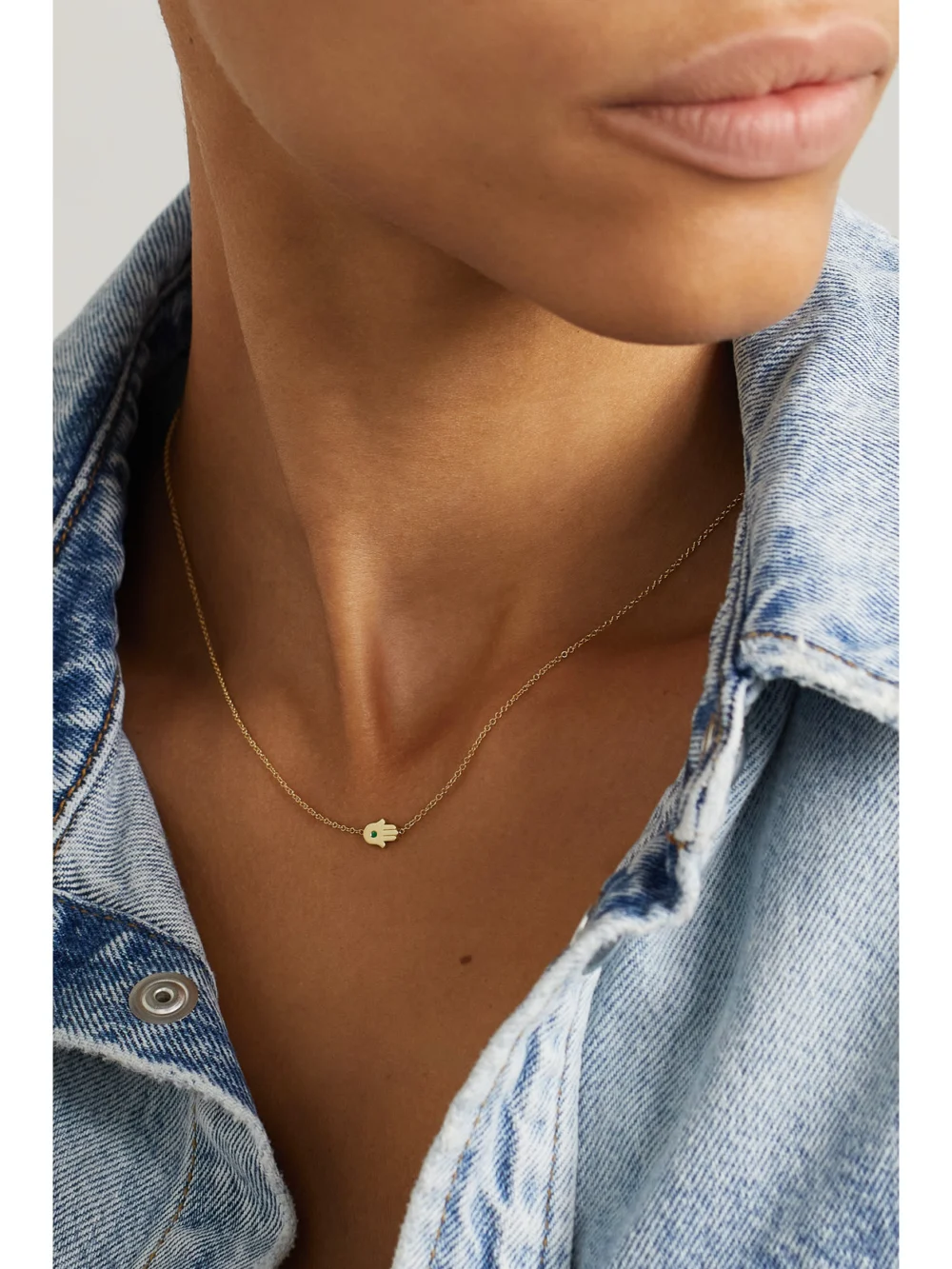 Jennifer Meyer Mini Hamsa 18-karat Gold Emerald Necklace, styled view