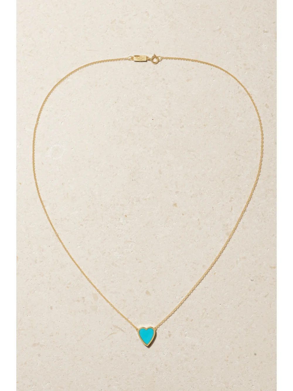 Close-up detail of the Jennifer Meyer Mini Heart 18-karat Gold Turquoise Necklace