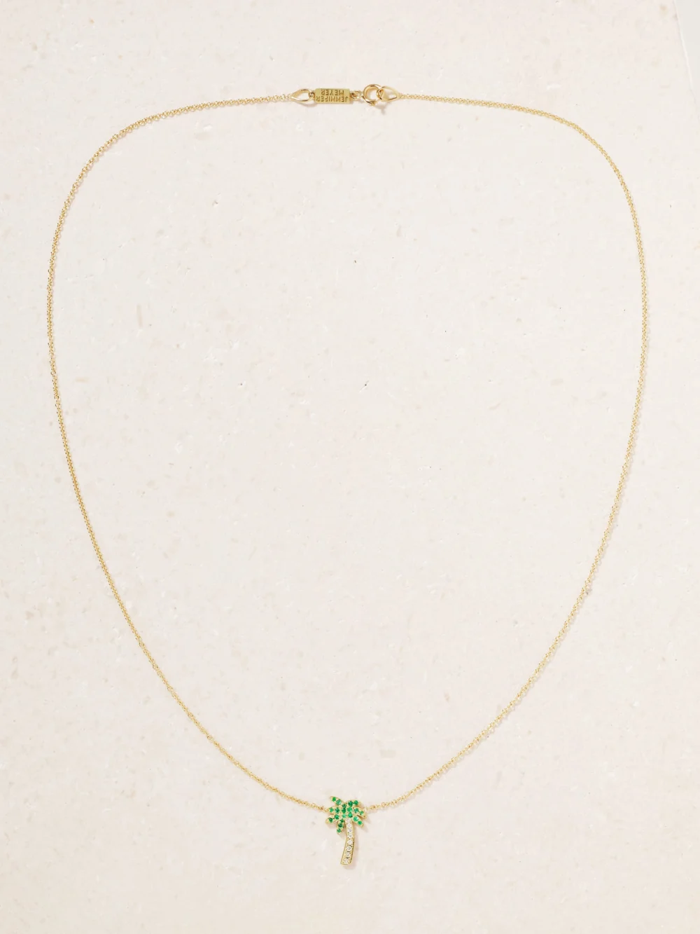 Close-up detail of the Jennifer Meyer Palm Tree 18-karat Gold, Diamond and Emerald Necklace