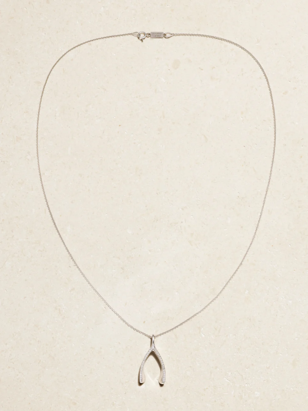 Close-up detail of the Jennifer Meyer Wishbone 18-karat White Gold Diamond Necklace