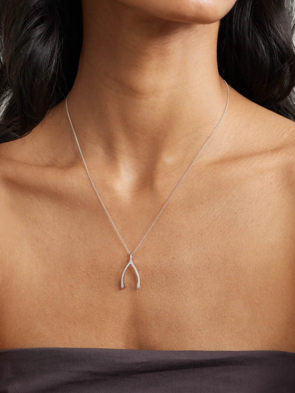 Jennifer Meyer Wishbone 18-karat White Gold Diamond Necklace, styled view