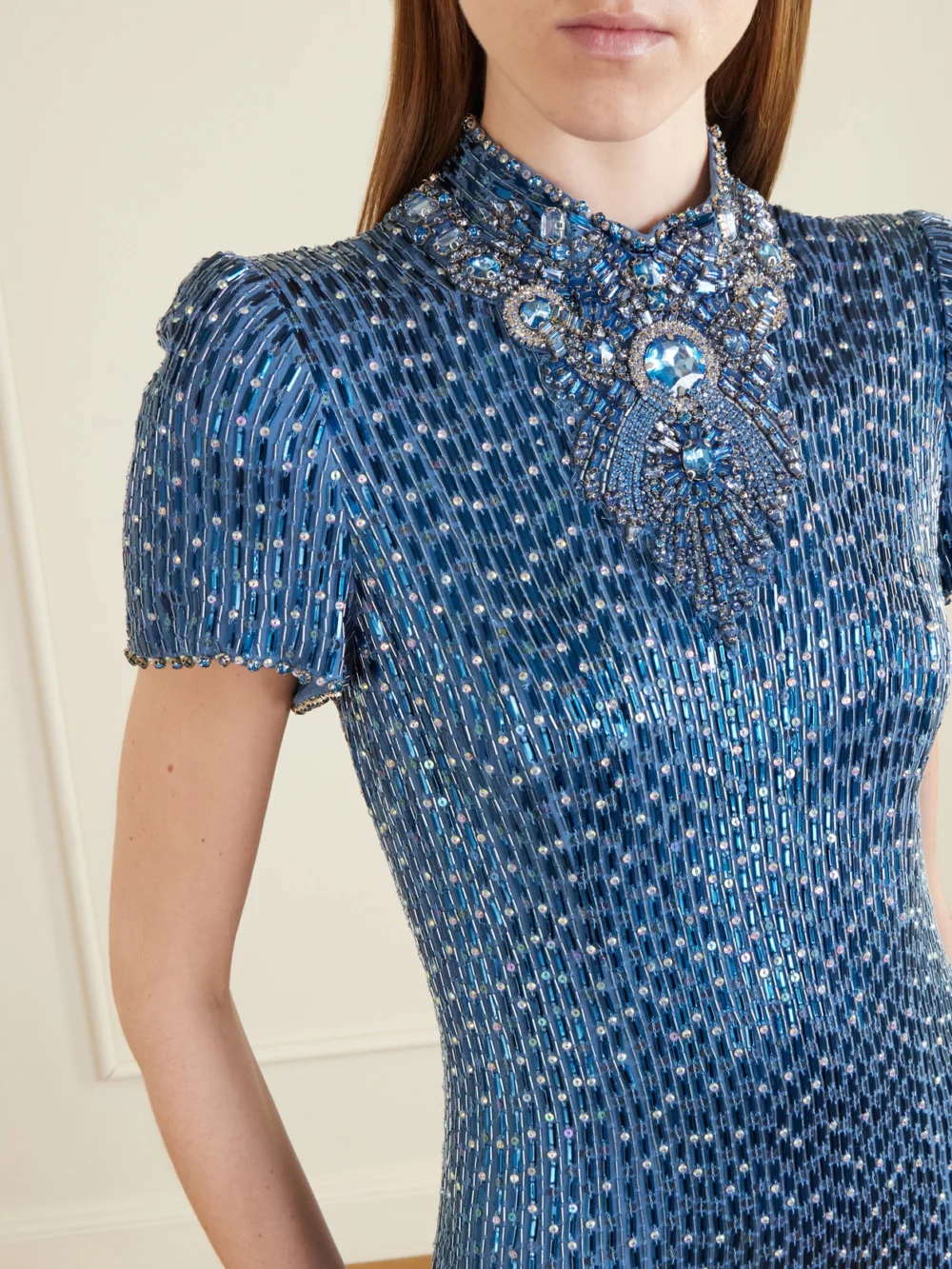 Close-up detail of the Jenny Packham Amber Cape-effect Embellished Crepe Gown
