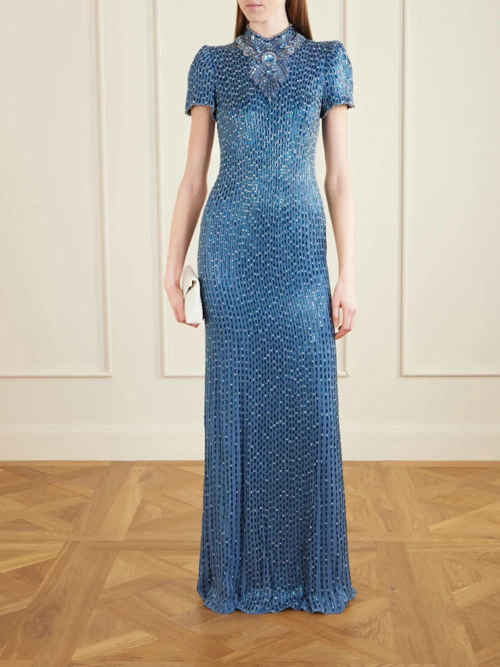 Jenny Packham Amber Cape-effect Embellished Crepe Gown, worn by a model