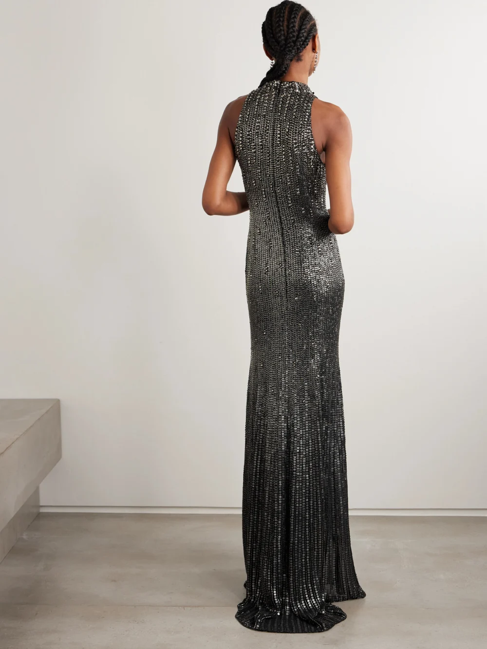 Back view of the Jenny Packham Benue Crystal-embellished Sequined Silk-crepe Gown