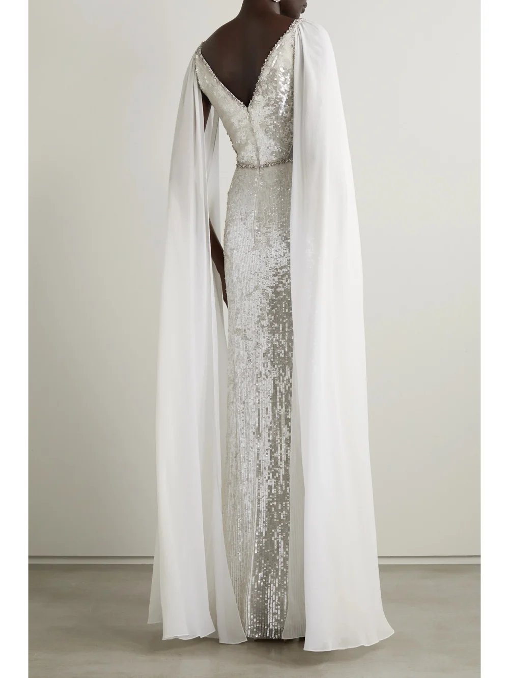 Back view of the Jenny Packham Cape-effect Embellished Tulle and Chiffon Gown
